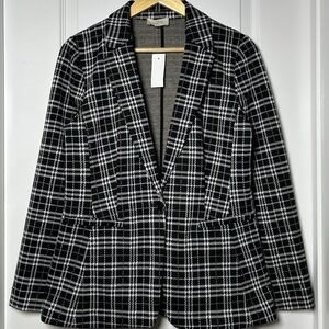 LOFT Outlet Black White Plaid Open Front Knit Blazer Dark Academia Preppy Style